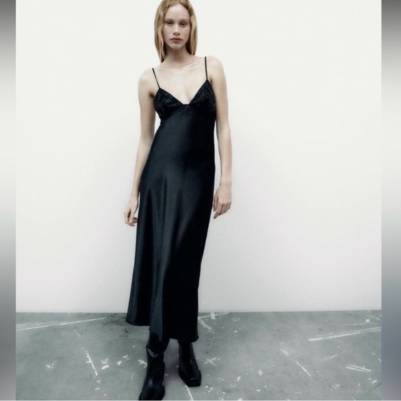 Zara Black Satin Slip Dress - Picture 2 of 6